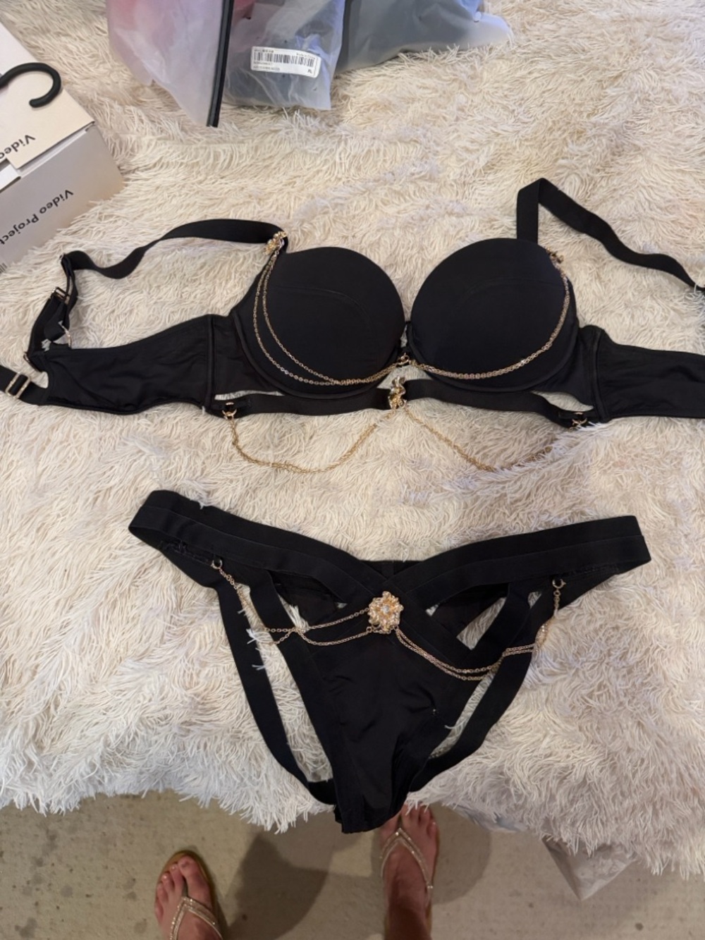 Honey Birdette 38D and XL thong. Black Lingerie Set with Gold Chain Accents